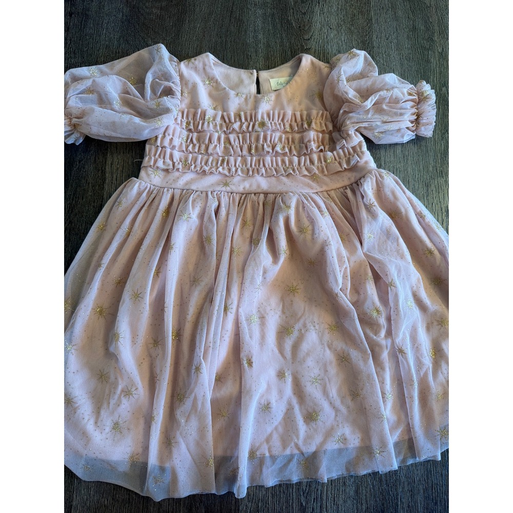 Tullabee Girls Pink Tulle Gold Glitter Star Dress Puff Sleeve Smocked 3T